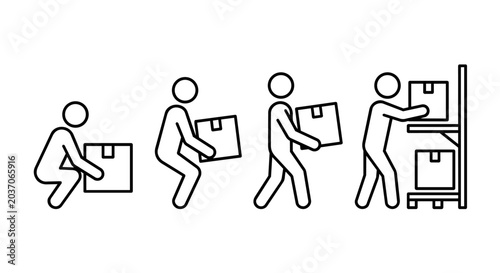 Billede på lærred Warehouse ergonomics safe lifting box and storage rack stick figure line art vector icon set