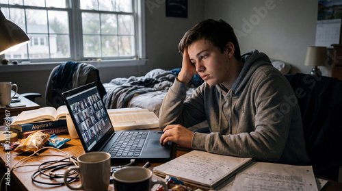 A tired student in a hoodie sits at a messy desk, head resting on his hand, staring blankly at an online class video call on his laptop. The feeling is exhausted and disengaged.