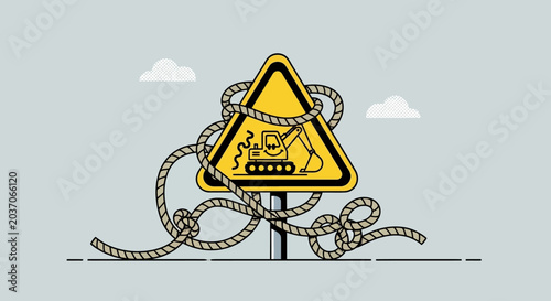 Bild auf Leinwand Construction Warning Sign Tangled in Rope, Symbolizing Obstacles and Delays