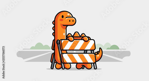 Schilderij op canvas Cute orange dinosaur behind construction barrier, funny cartoon, road work conce