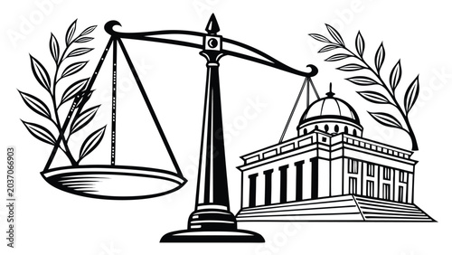 Vector illustration of courthouse building and scales of justice with courthouse government judiciary