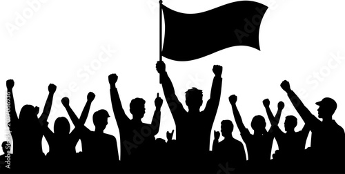 Fotografía Crowd Celebrating Victory with Raised Flag in Silhouette Against Bright Sky