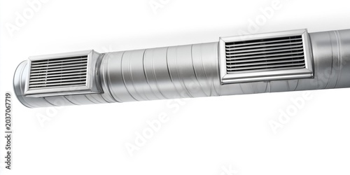 Long horizontal cylindrical central air conditioning duct with vents on white background