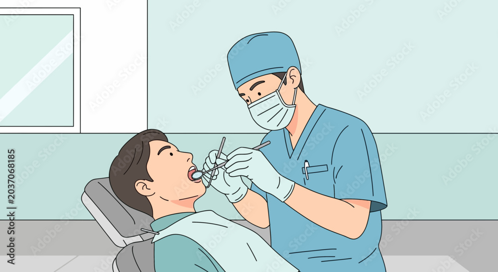 Fototapeta premium Dentist examining patient's teeth with tools in clinic, dental care illustration