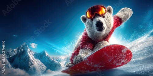 Polar bear in red jacket snowboarding down a snowy mountain slope with goggles