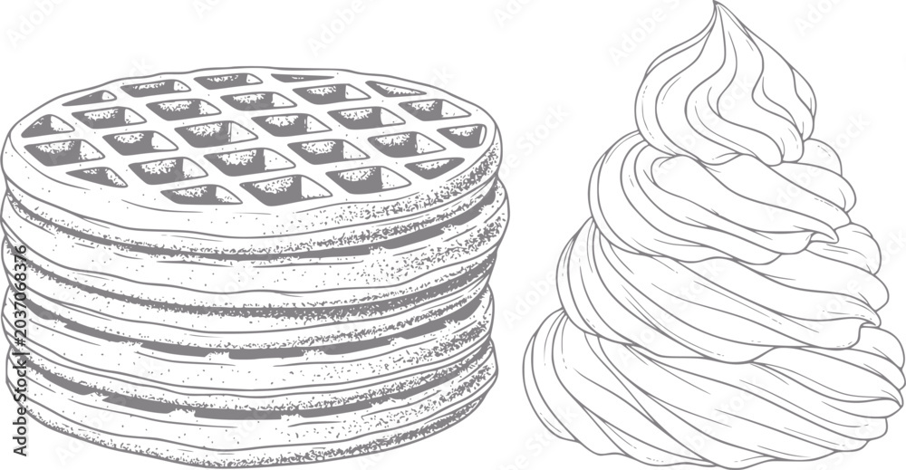 Fototapeta premium Stack of waffles and swirl of whipped cream, line