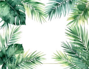 Tropical green palm leaves border frame.