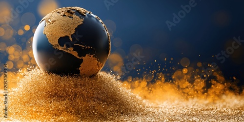 Golden Earth globe resting on a pile of shimmering gold dust with bokeh lights