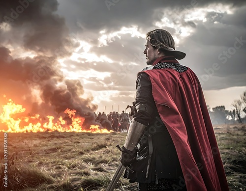Warrior standing before burning battlefield landscape.
