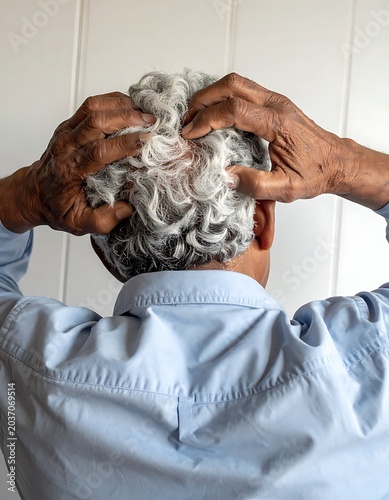 Senior man with gray hair combing.