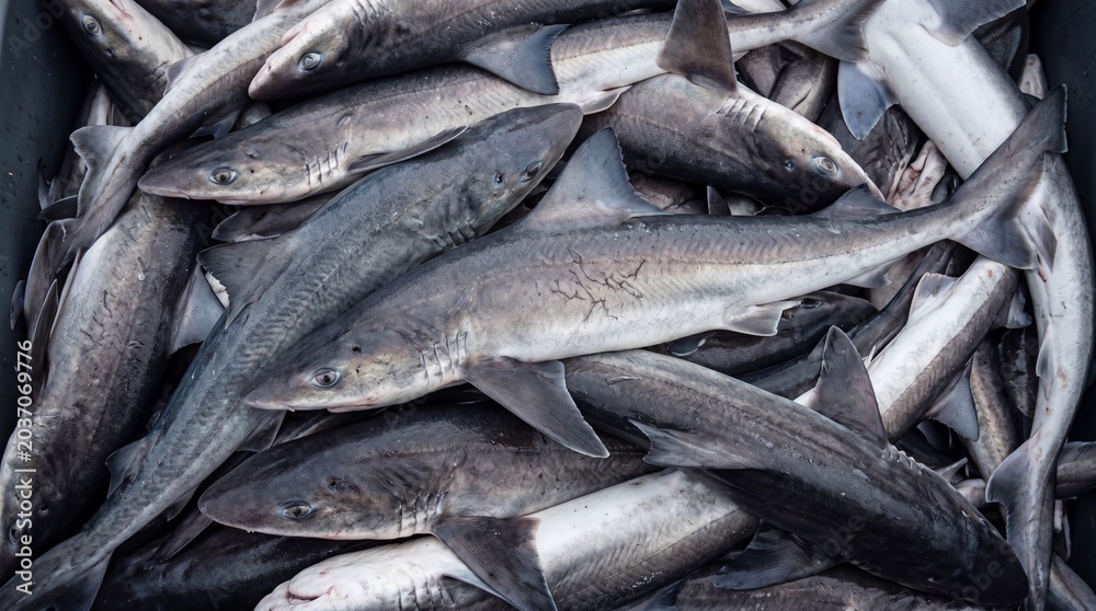 Obraz premium Close up overhead view of a large pile of freshly caught small grey sharks with dark fins and gills visible