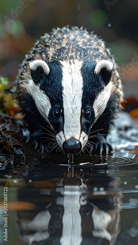 Wet badger drinking from water surface.
