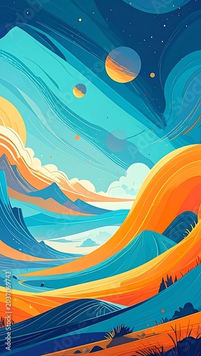 Vibrant desert landscape with celestial bodies.