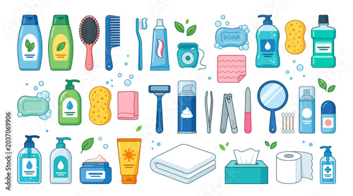 Colorful bathroom and hygiene products.