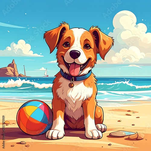 Happy Dog Sitting on Sandy Beach.