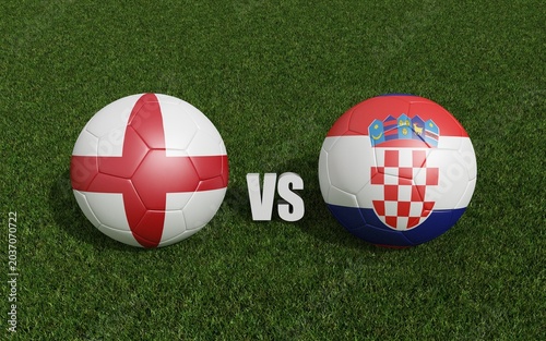 Footballs in flags colors on grass , England with Croatia. 3d rendering