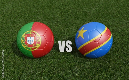 Footballs in flags colors on grass , Portugal with Congo. 3d rendering