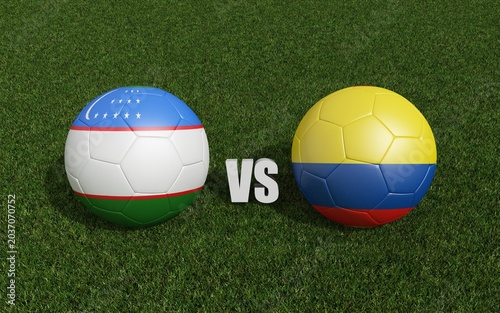 Footballs in flags colors on grass , Uzbekistan with Colombia. 3d rendering