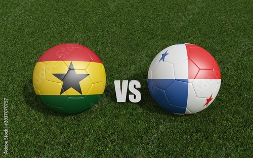 Footballs in flags colors on grass , Ghana with Panama. 3d rendering