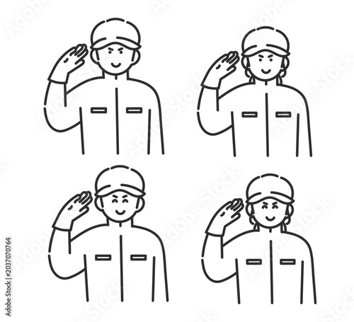 敬礼する消防士の男女のイラスト素材セット　線画のみ