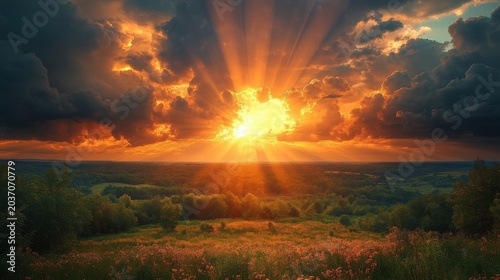 Golden Sun Rays Burst Through Dramatic Clouds Over A Lush Green Meadow At Sunrise