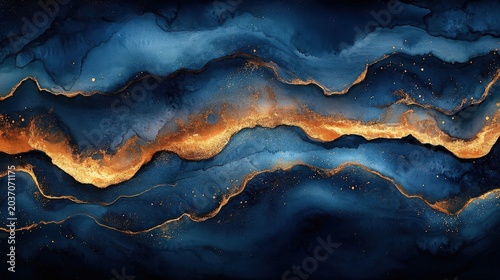 Abstract Deep Blue Watercolor Texture With Gold Splatter And Swirls