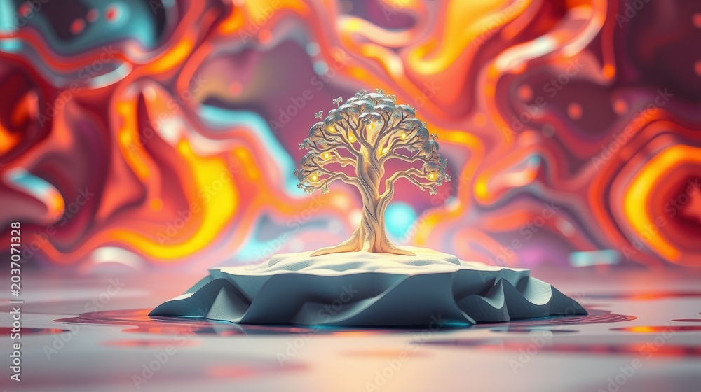 Obraz premium Stylized tree sits atop island. Abstract background features swirling orange, red hues. Dramatic lighting creates surreal scene.