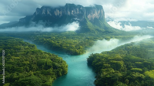 Misty Rainforest River And Majestic Mountain Peak Dramatic Sky Foggy Morning Aerial View