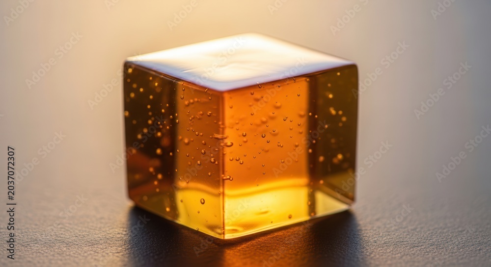 Obraz premium A single translucent amber cube of jelly with small bubbles inside, illuminated by warm light.