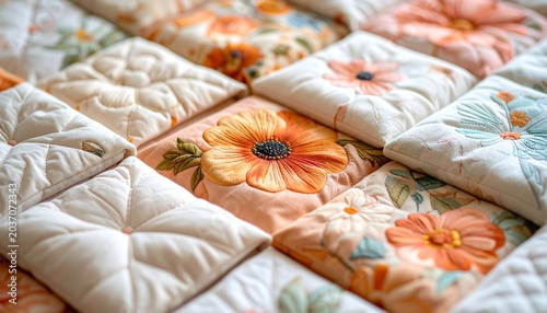Close-up of a colorful, quilted textile with square patches and embroidered floral designs. Soft textures and warm tones create a cozy aesthetic