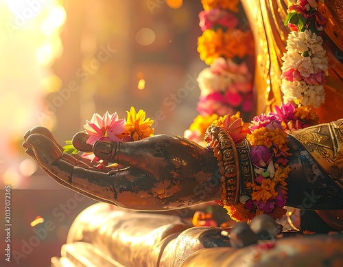 Hindu deity hand with flowers and jewelry.