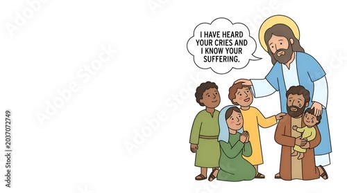 Illustration of a religious figure comforting a group of diverse people with a speech bubble containing text about hearing cries and suffering