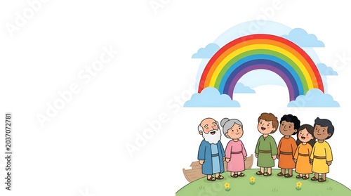 Cartoon illustration of an elderly couple and a group of diverse children standing on a grassy hill under a colorful rainbow and clouds