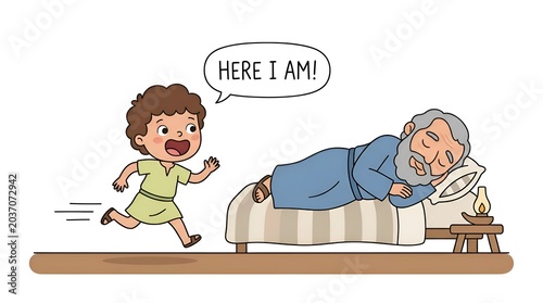 Cartoon illustration of a young boy running toward an elderly man sleeping in a bed with a speech bubble saying Here I am on white background