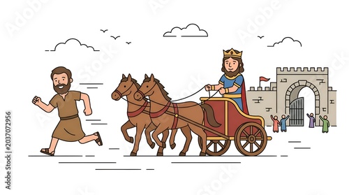 King riding a horse drawn chariot with a man running alongside near a castle gate in a flat vector illustration style