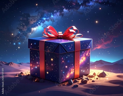 Gift box with red bow on sand.
