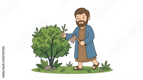 Cartoon illustration of a bearded man in a tunic holding a small axe and pruning a green bush in a simple outdoor garden setting on white