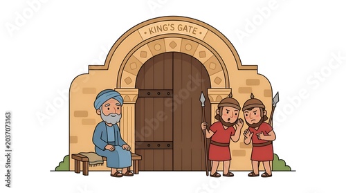 Ancient gate with a seated man and two guards whispering in a flat vector illustration style