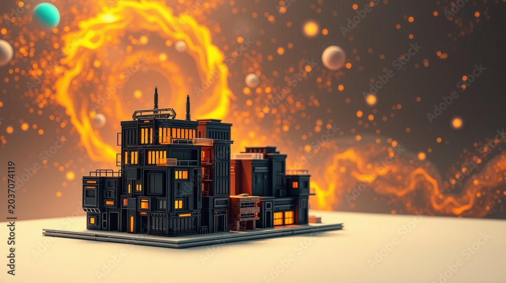 Obraz premium Futuristic city structure glows amidst cosmic nebula. Minimalist design, warm lighting, planets visible. Space scene evokes wonder.