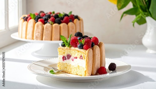 Elegant Charlotte Cake Topped with Fresh Berries and Ladyfingers, A Sweet Sensation