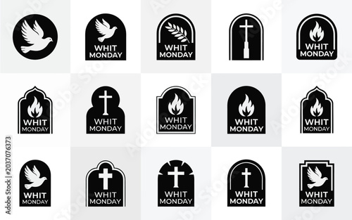 Fotografía Collection of 15 distinct whit monday icons featuring doves crosses flames and l