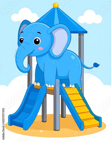 Blue Elephant on Playground Slide.