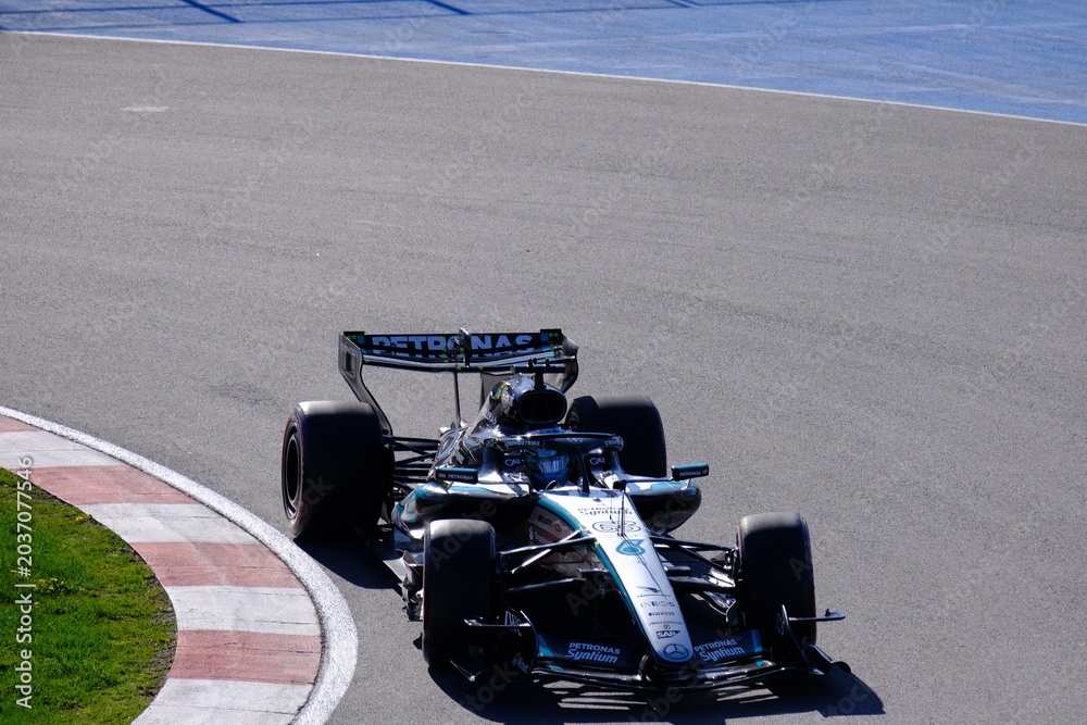 Naklejka premium May 25, 2026, Montreal, Canada, Mercedes F1 car driven by Antonelli and Russell during Formula 1 action. g.