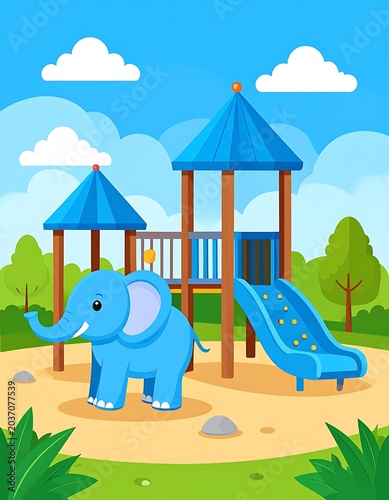 Elephant at a childrens playground outside.