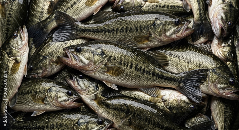 Fototapeta premium Freshly caught largemouth bass fish piled together in a commercial catch display showing detailed scales and textures for professional fishing industry markets