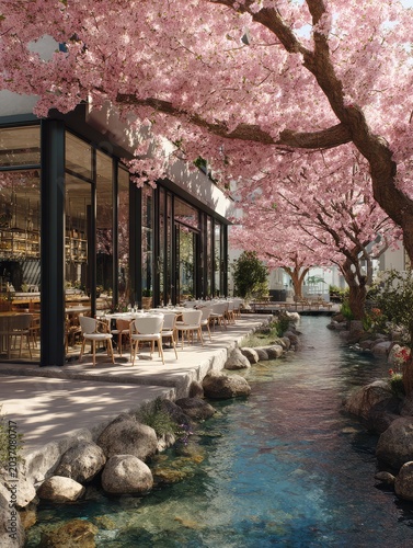 Blossoming Cherry Trees by the Serene Pond: A Tranquil Outdoor Dining Experience