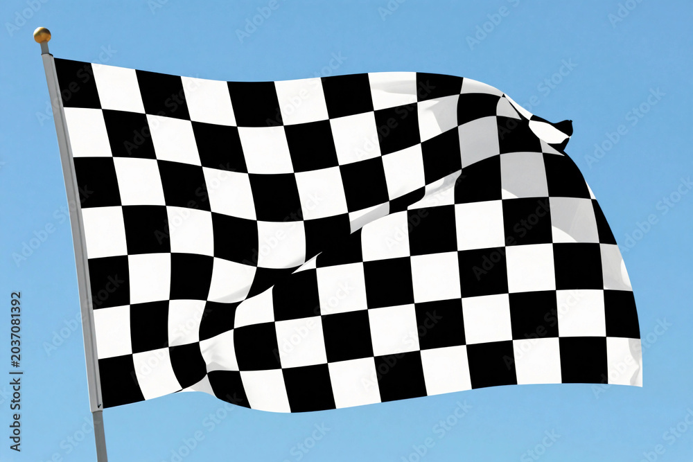 Obraz premium Black and white checkered flag flutters against a clear blue sky. Wind carries the flag with dynamic motion.
