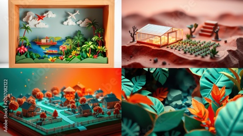 Miniature papercraft scenes depict tropical islands, desert greenhouses, towns, lush foliage. Vibrant colors, detailed designs present playful landscapes.