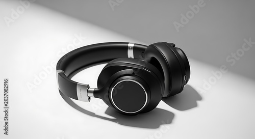Black wireless headphones on white background.