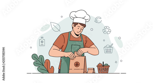 Eco Friendly Grocery Store Worker Packing Sustainable Products Illustration